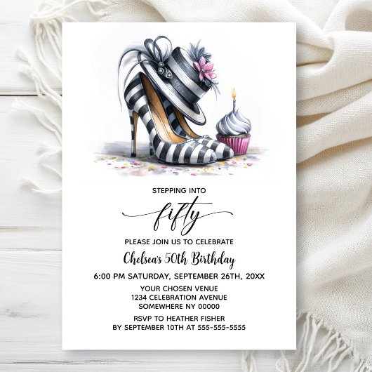 Invitation Chaussures Stiletto Rayées 50e Anniversaire