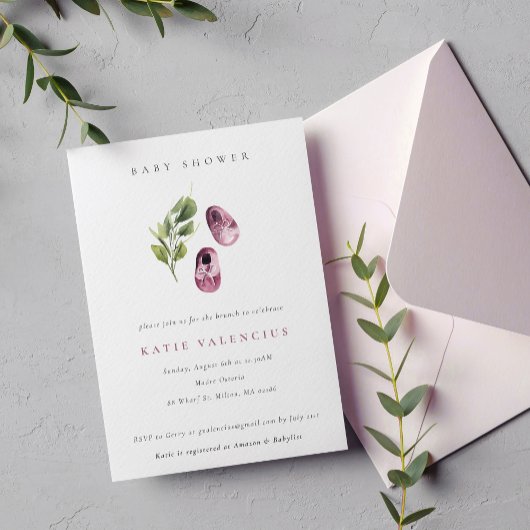 Invitation Chaussures vert rose mignonne Baby shower Foliage 