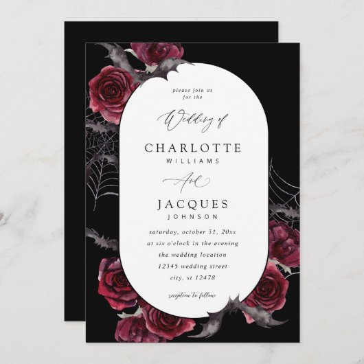 Invitation Chauve-souris d'Halloween Rose rouge Mariage - Noi (Devant / Derrière)