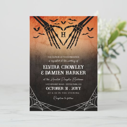 Invitation Chauve-souris et squelette Coeur Goth Mariage d'Ha (Debout devant)
