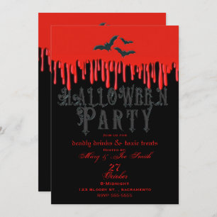 Invitation Chauve-souris gothique et sang rouge à goutte Hall