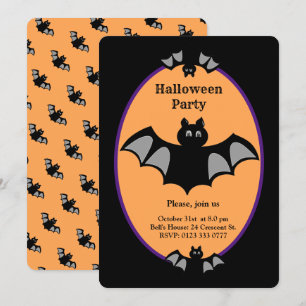 Invitation Chauve-souris moderne d'Halloween sur fond noir et