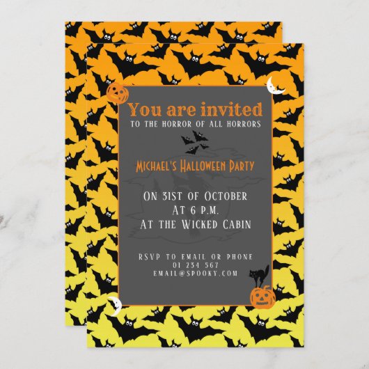 Invitation Chauve-souris noire orange motif Halloween (Devant / Derrière)