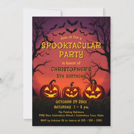 Invitation Chauve-souris Spooktacular et Halloween Jack-O'-La (Devant)