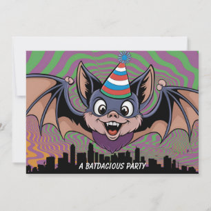 Invitation Chauve-souris volant au-dessus d'une ville psychéd