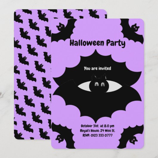 Invitation Chauves-souris d'Halloween sur violet (Devant / Derrière)