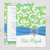 Invitation Chaux, blanc, RUBAN IMPRIMÉ par damassé bleue (Devant / Derrière)