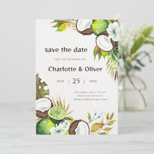 Invitation Chaux de noix de coco enregistrer la date (Debout devant)