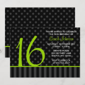 Invitation Chaux et anniversaire noir du bonbon 16 à rayures (Devant / Derrière)