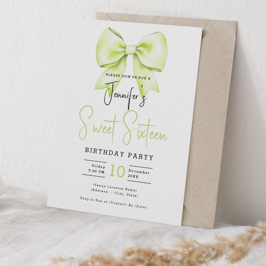Invitation Chaux Green Bow Coquette Joli Script Sweet 16