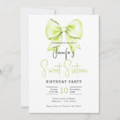 Invitation Chaux Green Bow Coquette Joli Script Sweet 16 (Devant)