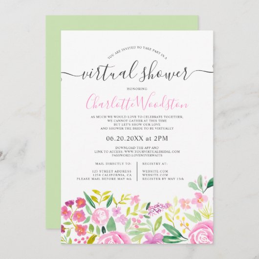 Invitation Chaux rose floral aquarelle script douche virtuell (Devant / Derrière)