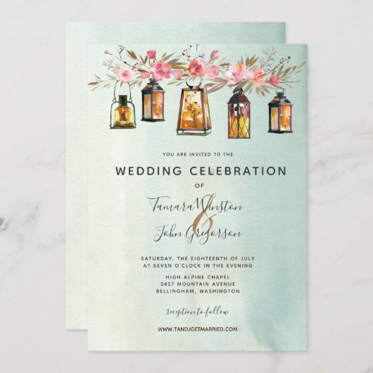 Invitation Chaux Rustiques Lanternes Aquarelle Floral Mariage (Devant / Derrière)
