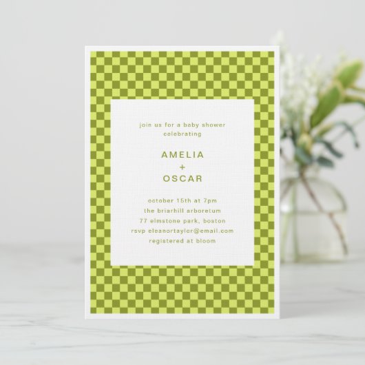 Invitation Checkerboard Lime Olive Retro Couples Baby Shower (Debout devant)