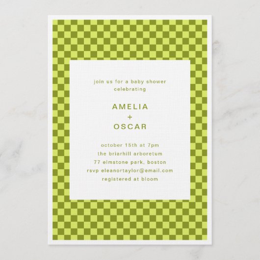 Invitation Checkerboard Lime Olive Retro Couples Baby Shower (Devant)