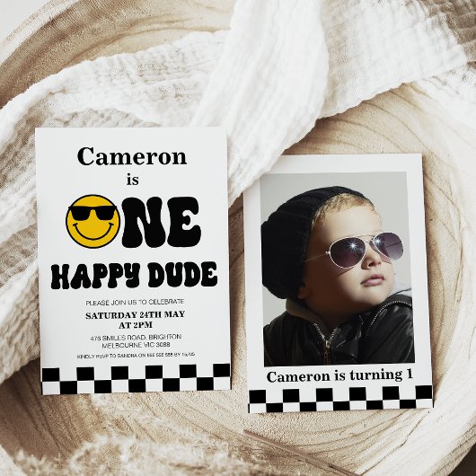 Invitation Checkerboard Photo One Happy Dude 1er Anniversaire