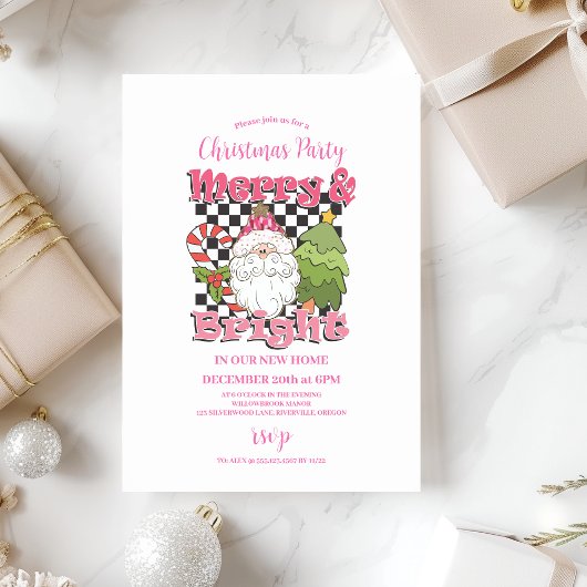 Invitation Checkered Pink Merry & Bright Christmas Party