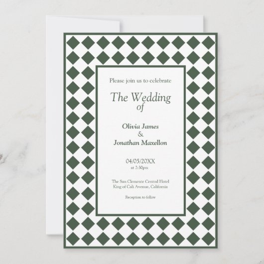 Invitation Checkered Simple Modern Dark Green Wedding (Devant)