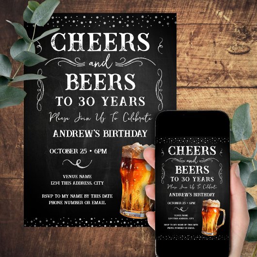 Invitation Cheers and Beers 30th Birthday Chalkboard