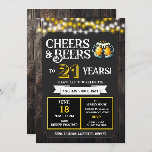 Invitation Cheers and Beers to 21 Years Backyard BBQ Birthday (Devant / Derrière)