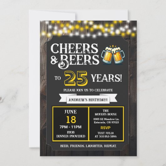 Invitation Cheers and Beers to 25 Years Backyard BBQ Birthday (Devant)