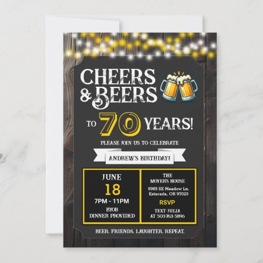 Invitation Cheers and Beers to 70 Years Backyard BBQ Birthday (Devant)
