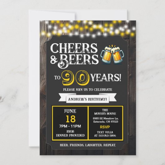 Invitation Cheers and Beers to 90 Years Backyard BBQ Birthday (Devant)