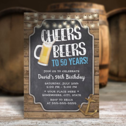 Invitation Cheers & Beers Gold Ancre Rustique 50e anniversair