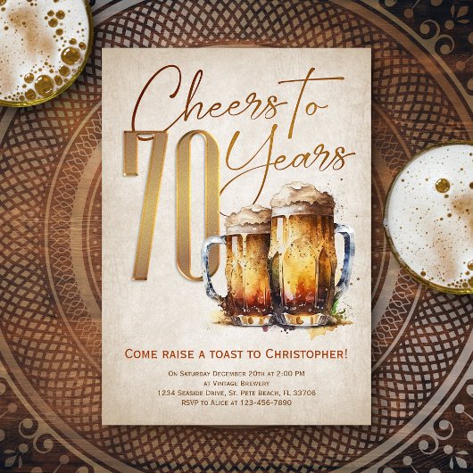 Invitation Cheers & Beers Mens Drôle 70e Anniversaire