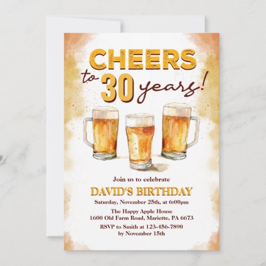 Invitation Cheers & Beers Mens Funny 30e anniversaire (Devant)