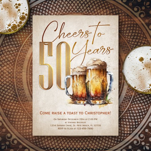 Invitation Cheers & Beers Mens Funny 50e anniversaire