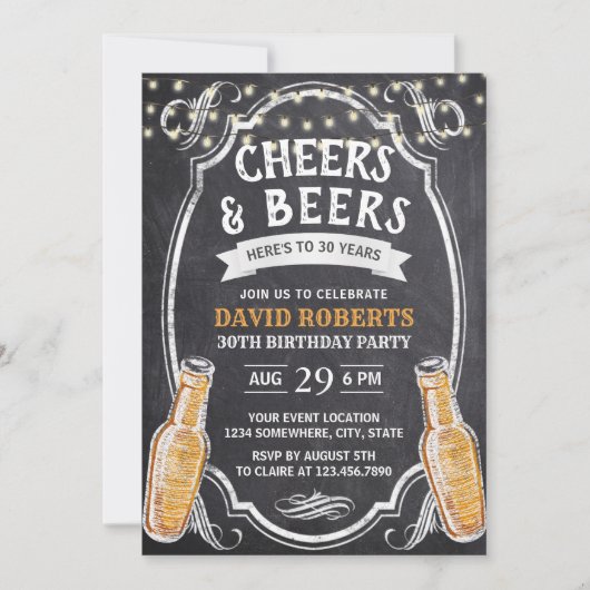 Invitation Cheers & Beers Rustic Chalkboard 30e anniversaire (Devant)