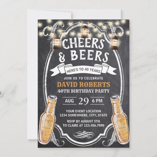 Invitation Cheers & Beers Rustic Chalkboard 40e anniversaire (Devant)
