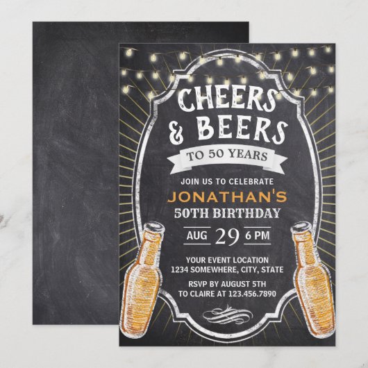 Invitation Cheers & Beers Rustic Chalkboard 50e anniversaire (Devant / Derrière)