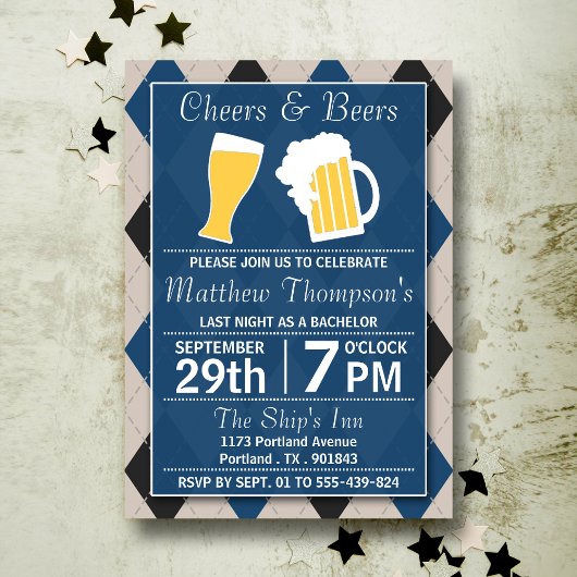 Invitation Cheers & Beers Tendance Blue Enterrement de vie de