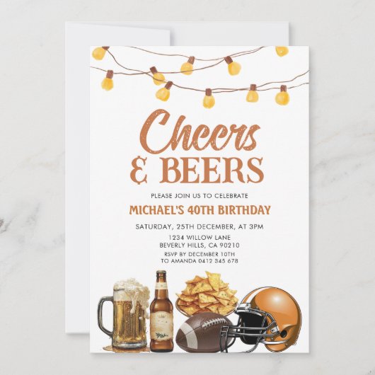 Invitation Cheers & Bières Adulte Anniversaire String Lights  (Devant)