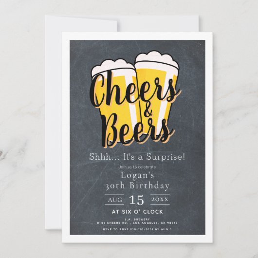 Invitation Cheers & Bières Chalkboard Surprise fête d'anniver (Devant)