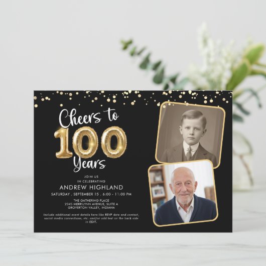Invitation Cheers to 100 Years 2 Photos Script Balloon (Debout devant)