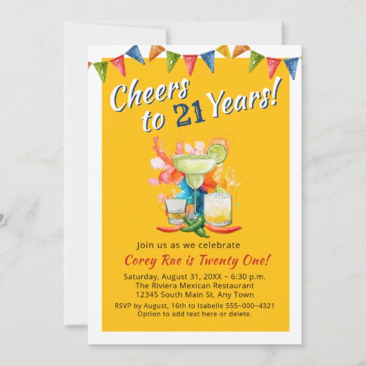 Invitation Cheers to 21 Years Modern 21st Birthday  Fiesta (Devant)