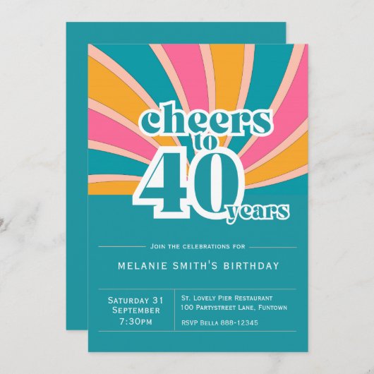 Invitation "Cheers to 40 years", bleu rétro 40th (Devant / Derrière)