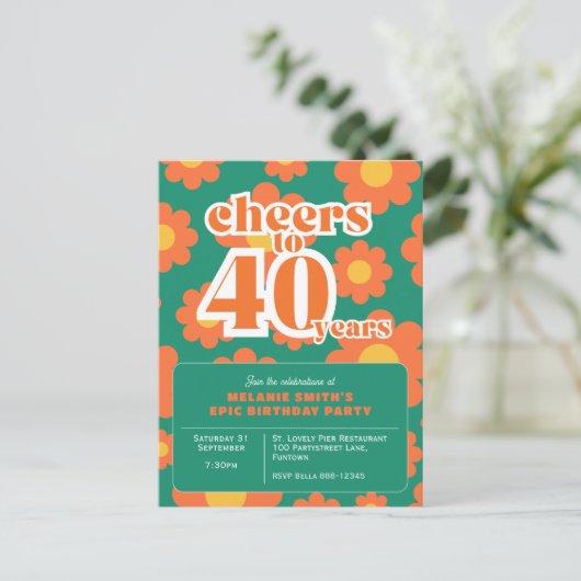 Invitation "Cheers to 40 years" rétro vert 40e (Debout devant)