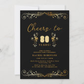 Invitation Cheers to 80 Years Birthday Party Black & Gold (Devant)