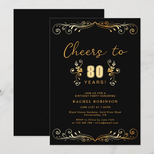 Invitation Cheers to 80 Years Birthday Party Black & Gold (Devant / Derrière)