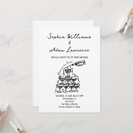 Invitation Cheers to love Hand Drawn Wedding (Devant/Arrière en situation)