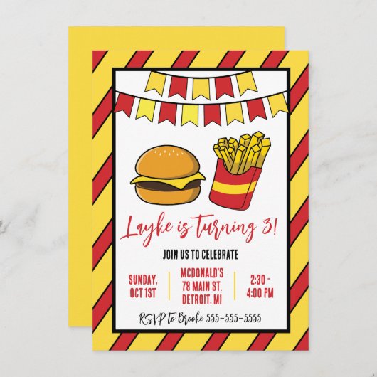 Invitation Cheeseburger et Fries fête d'anniversaire (Devant / Derrière)