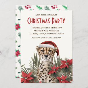 Invitation Cheetah dans le Santa Hat Poinsettias fête de Noël