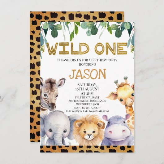 Invitation Cheetah Imprimer Foliage Wild One Safari 1er anniv (Devant / Derrière)