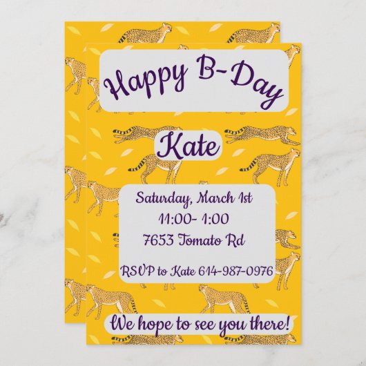Invitation Cheetah Joyeux anniversaire (Devant / Derrière)