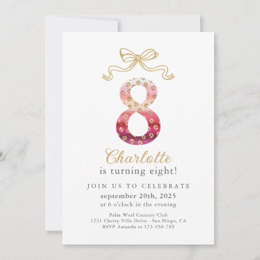 Invitation Cheetah rose et or Empreinte de léopard 8e anniver (Devant)