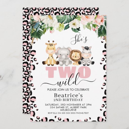 Invitation Cheetah rose Imprimer mignon Deux Wild 2e annivers (Devant / Derrière)